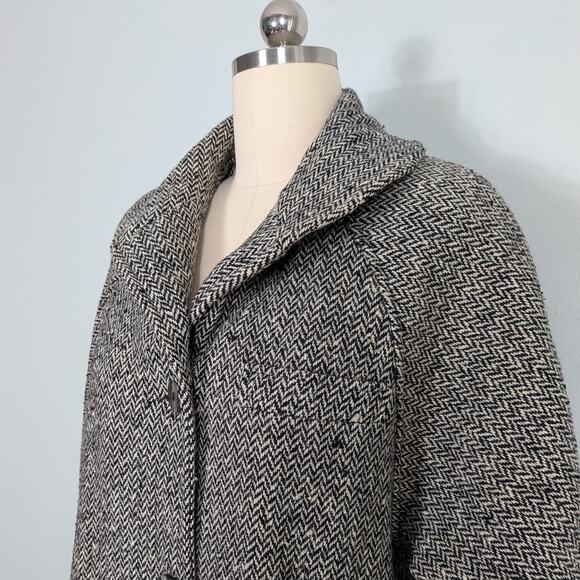 Vintage Wool Blend Coat L Black Cream 80s 90s Overcoat Trench Herringbon Classic - Picture 6 of 16